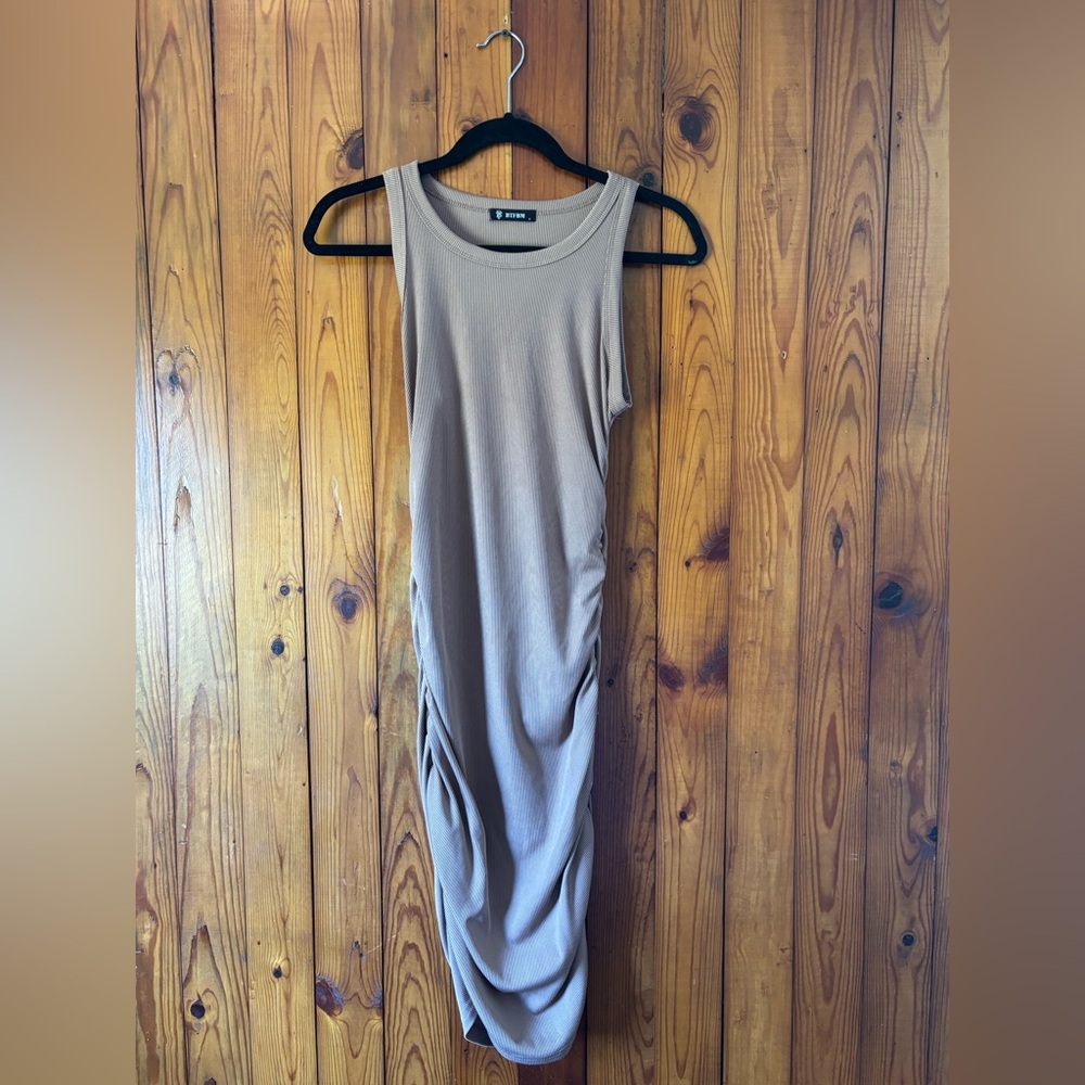 Taupe Ruched-Side Tank Midi Dress Festival Party Club Concert